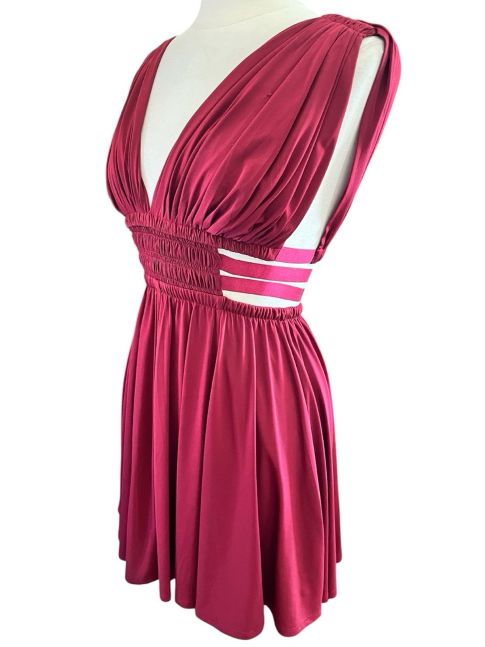 Express Burgundy Greek Goddess Style Mini Dress elastic ribbon Waistband Size S - Picture 5 of 11